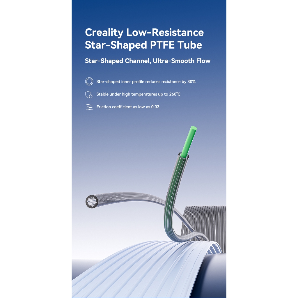 Creality Upgraded Low-Resistance PTFE Tube– ช่องรูปดาวสําหรับการไหลเรียบเป็นพิเศษ, ความต้านทานน้อยกว