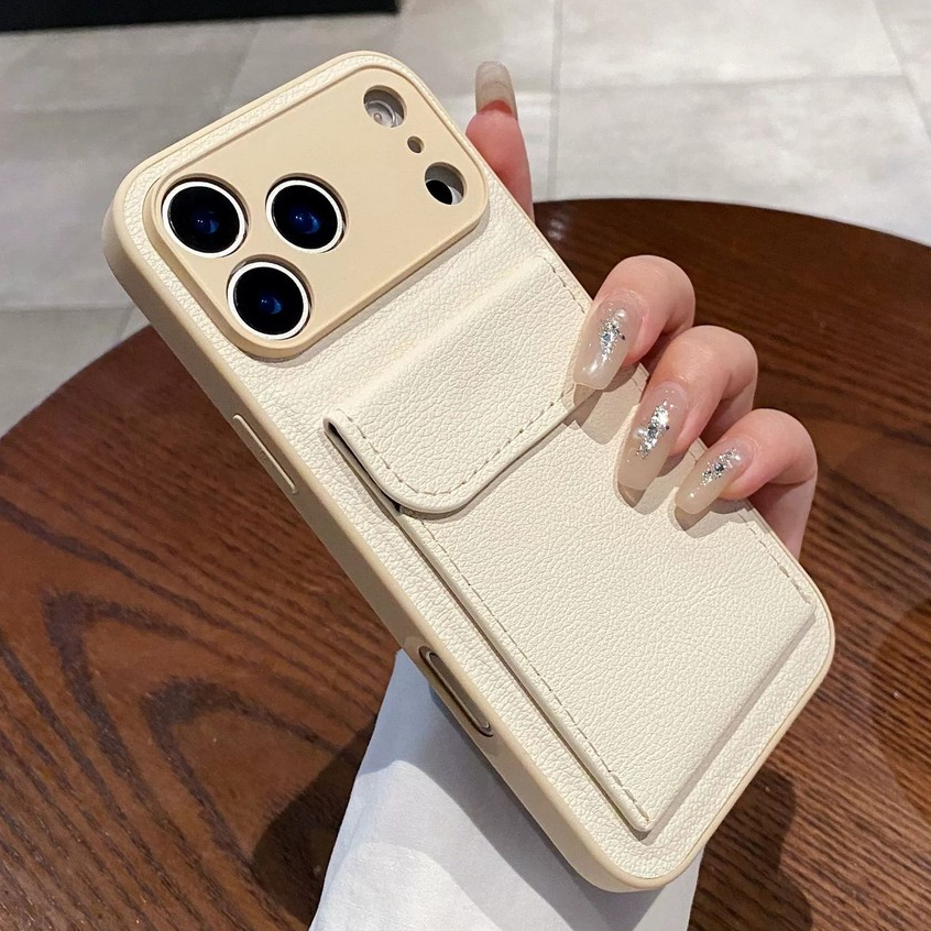 สีทึบเต็มเลนส์ป้องกันช่องเสียบการ์ดกระเป๋าหนัง PU เคสโทรศัพท์สําหรับ iPhone 17 17Pro 17Air 17Promax 13 14 15 16 Pro Max กันกระแทกผู้หญิงผู้ชายฝาครอบมือถือ