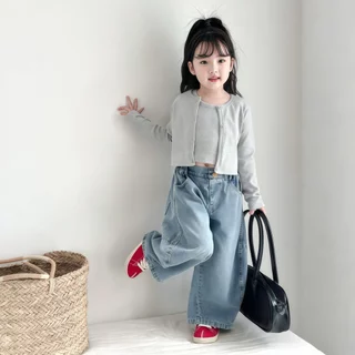 honeywears⚡พร้อมส่ง⚡กางเกงยีนส์เด็ก กางเกงขากว้างเด็กผู้หญิงแฟชั่น สไตล์เกาหลี สไตล์ตะวันตก ทรงตรง เอวยางยืด นุ่ม สบาย ไซส์ 110-160