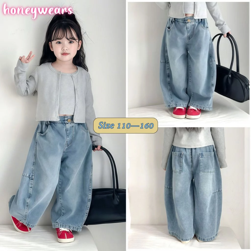 honeywears⚡พร้อมส่ง⚡กางเกงยีนส์เด็ก กางเกงขากว้างเด็กผู้หญิงแฟชั่น สไตล์เกาหลี สไตล์ตะวันตก ทรงตรง เอวยางยืด นุ่ม สบาย ไซส์ 110-160