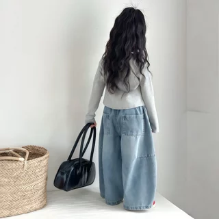 honeywears⚡พร้อมส่ง⚡กางเกงยีนส์เด็ก กางเกงขากว้างเด็กผู้หญิงแฟชั่น สไตล์เกาหลี สไตล์ตะวันตก ทรงตรง เอวยางยืด นุ่ม สบาย ไซส์ 110-160