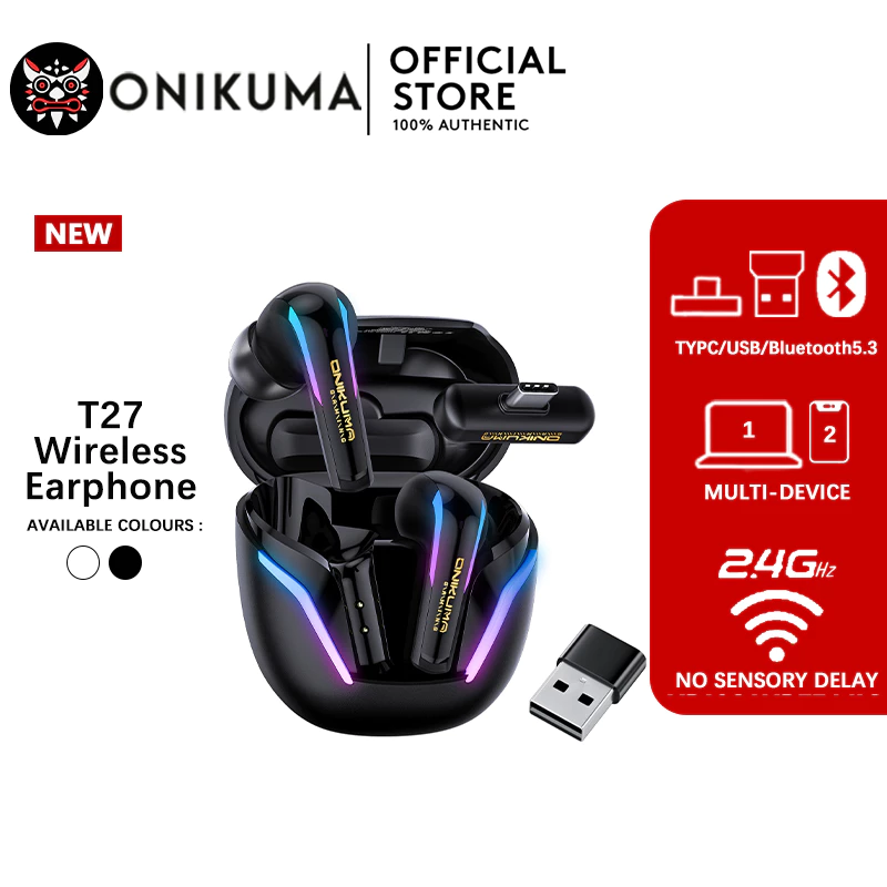 ONIKUMA T27 บลูทู ธ 5.3 ในหูหูฟังเกมมิ่งสามโหมดการเชื่อมต่อไร้สายไปยังคอมพิวเตอร์ / ทีวี / โทรศัพท์มือถือ
