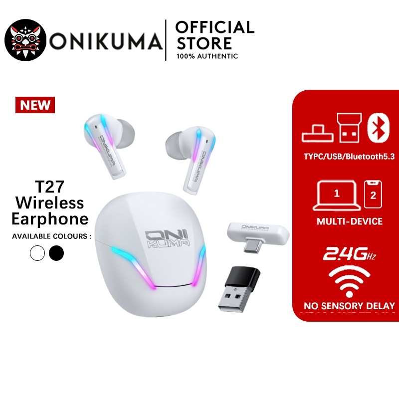 100% ของใหม่แท้ Onikuma T27 Dual Mode Gaming Earbuds หูฟังไร้สายมาพร้อมเคสชาร์จ รองรับ 2.4G / Blueto
