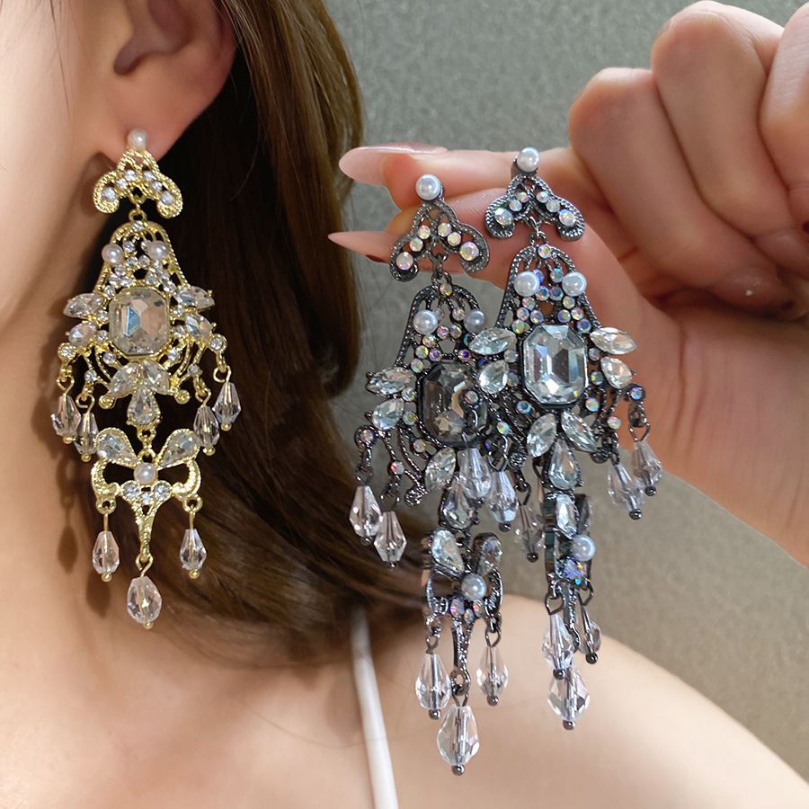 [JewBeauty] เข็มเงินฝังเพชรหยดน้ำดอกไม้ พู่สไตล์ยุโรปและอเมริกา ต่างหูหรูสำหรับผู้หญิง