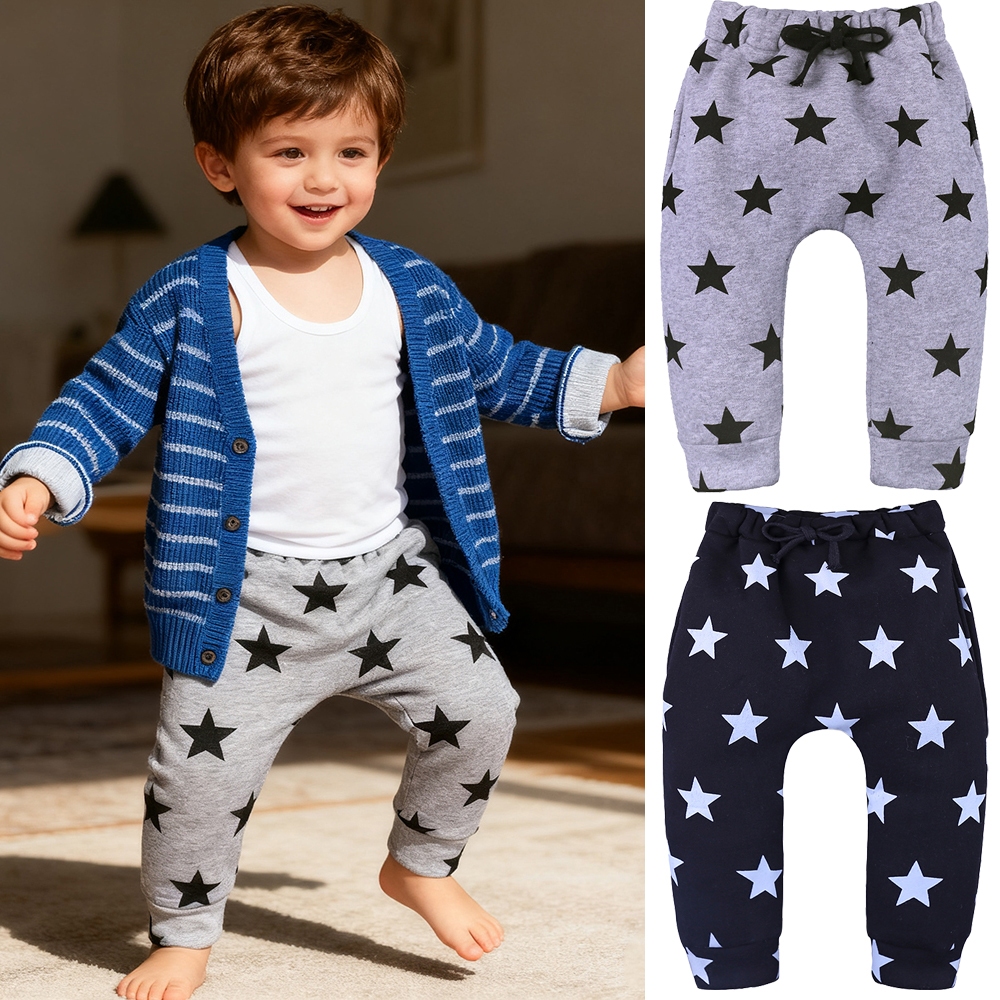 กางเกงวอร์มสไตล์เกาหลีสำหรับเด็กชาย พิมพ์ลายดาวและขนแกะ ออกแบบมาเพื่อความอบอุ่นและใส่ง่ายในฤดูกาลมกราคม