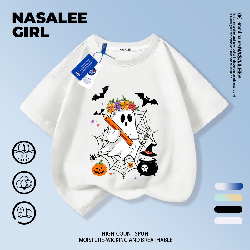 【ส่งของในวันเดียวกัน】เสื้อยืดแขนสั้นเด็ก NASA เนื้อฝ้ายสีขาว ระบายอากาศดี ลายผีฮัลโลวีน สำหรับอายุ 3-16 ปี ใส่ได้ทั้งเด็กชาย-เด็กหญิง สไตล์สตรีทแฟชั่น