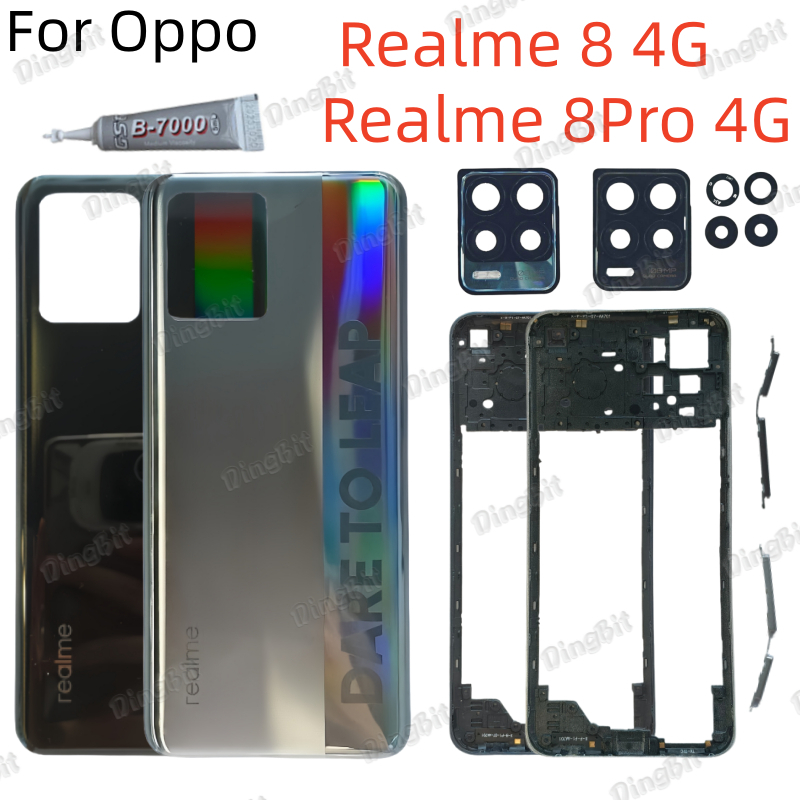 สําหรับRealme 8 4G / 8Pro 4Gฝาหลังฝาครอบแบตเตอรี่พร้อมเลนส์และกรอบกรอบกลางพร้อมการเปลี่ยนปุ่มด้านข้าง