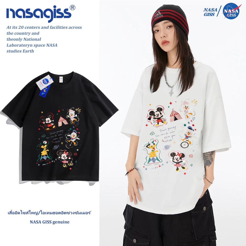 NASA เสื้อยืดชายหญิงแขนสั้น สตรีทฮิปฮอป summer มิกกี้เม้าส์ พิมพ์ลาย คอตตอน คอกลม หลวมและระบายอากาศ