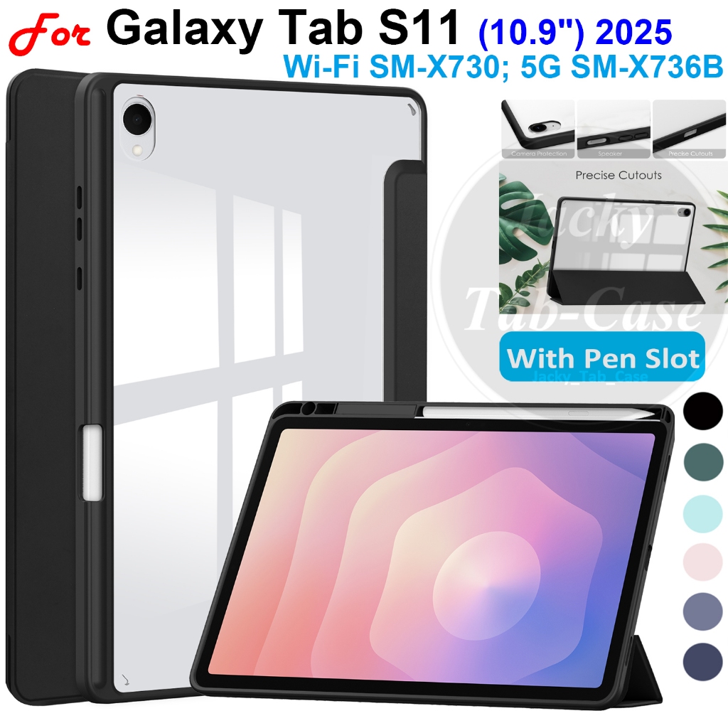 สําหรับ SAMSUNG Galaxy Tab S11 (11 นิ้ว) 2025 TabS11 Wi-Fi SM-X730 5G SM-X736B 11 "อะคริลิคใส PU Case, Flip Stand Cover, พร้อมช่องเสียบปากกา