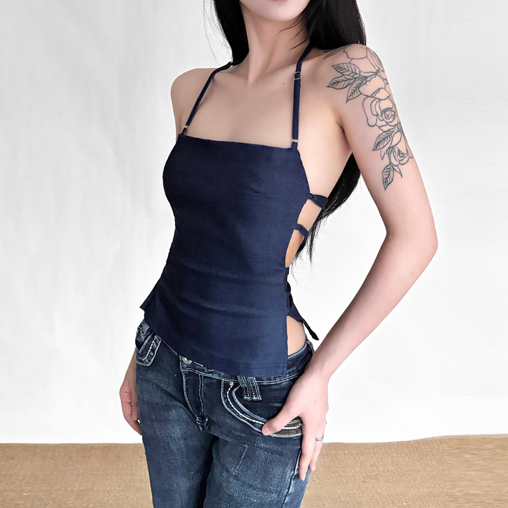 เสื้อกั๊กดีไซน์แบคเกสโซลิด ไร้สาย โชว์ไหล่ สไตล์เซ็กซี่ สำหรับสาวๆ ในฤดูร้อน