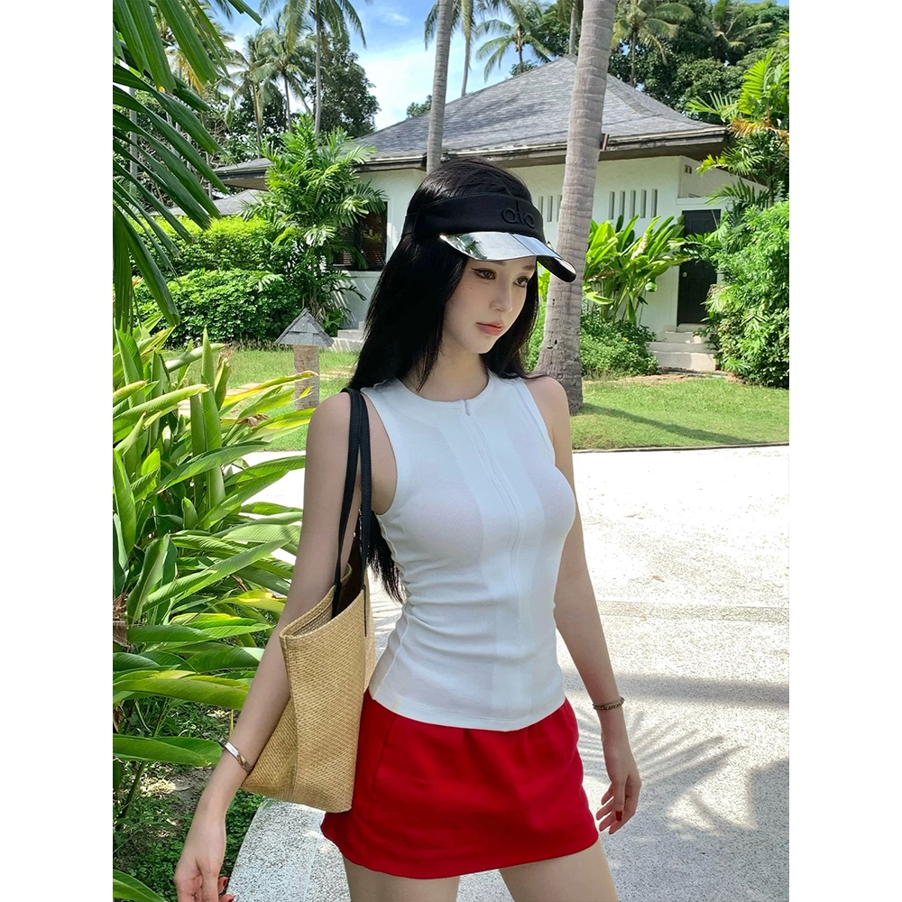 Moses Queen/Queen of Mercy เสื้อกล้ามแขนกุดครึ่งซิปสไตล์เกาหลีสําหรับผู้หญิงฤดูร้อนสวมใส่เอวกระชับสัดส่วนเสื้อคอกลม