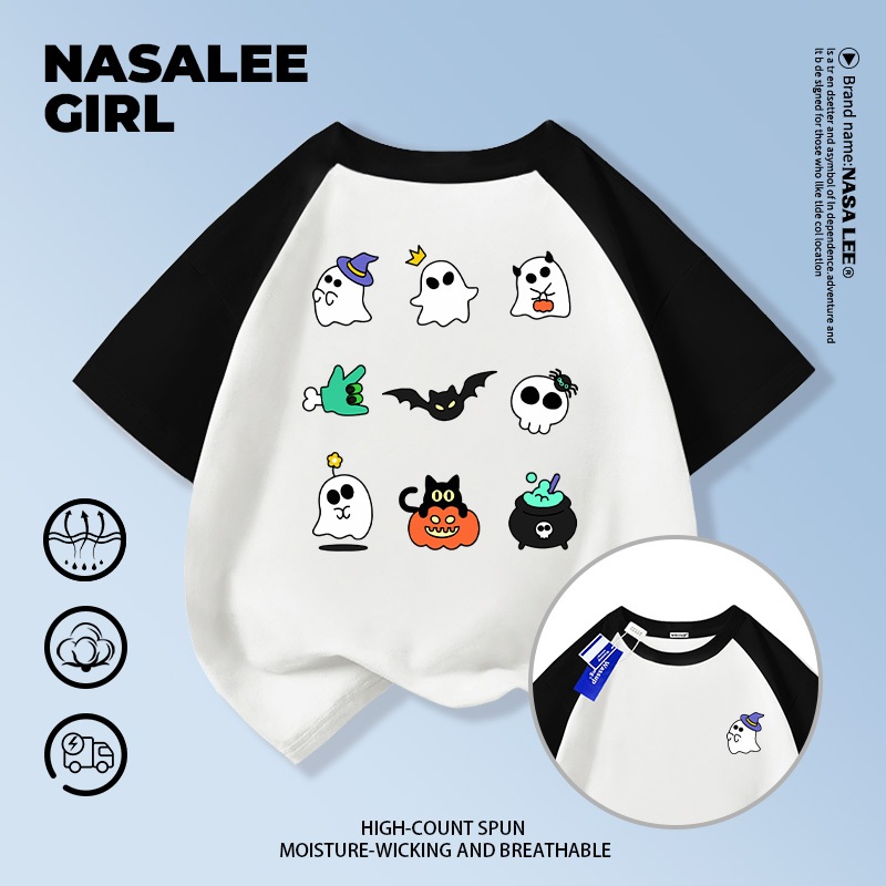 【ส่งของในวันเดียวกัน】เสื้อยืดแขนสั้นเด็ก NASA แบบแร็กแลน เนื้อฝ้ายสีขาว-ดำ ระบายอากาศดี ลายผีน่ารักฮัลโลวีน สำหรับอายุ 3-16 ปี ใส่ได้ทั้งเด็กชาย-เด็กหญิง สไตล์สตรีทแฟชั่น