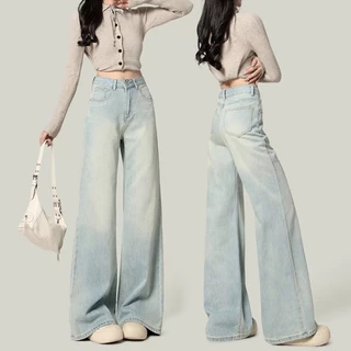 S~5XL Baggy jeans for women กางเกงยีนส์บักกี้สำหรับผู้หญิงไซส์ใหญ่ อินเทรนด์ เอวสูงสีฟ้า ใส่สบายและเข้ากับเสื้อผ้าหลายแบบHOT