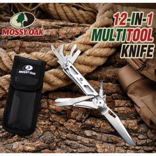 เครื่องมือมัลติฟังก์ชั่นแบบพกพา Mossy Oak 12-in-1 พร้อมกระเป๋า, เครื่องมือหลายสแตนเลสพร้อมคลิป, กรรไกร, ที่เปิดขวด, คีมปอกสายไฟ, เบรกเกอร์แก้ว, ไขควง
