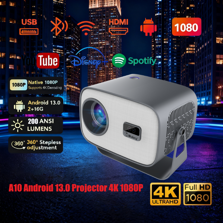 A10 Smart Projector โปรเจคเตอร์ 4K แบบพกพา 360° Flip โปรเจคเตอร์ Android 13 สําหรับโทรศัพท์และแล็ปท็