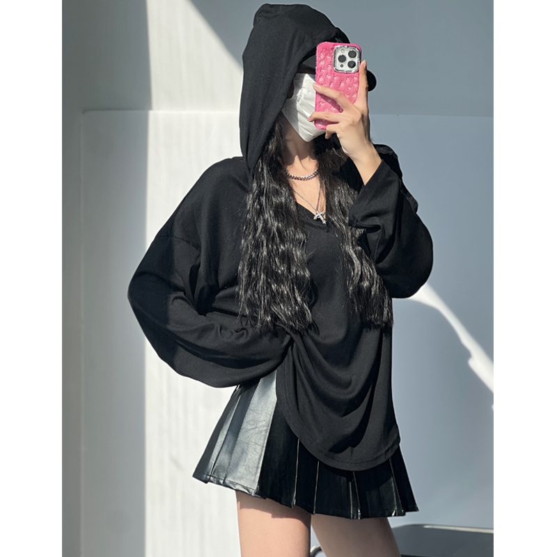 Hotgirl พร้อมส่ง เสื้อยืดแขนยาวมีฮู้ดแฟชั่นสำหรับผู้หญิง ขาวดำสไตล์เกาหลีแบบสบายๆ - รูปที่ 2