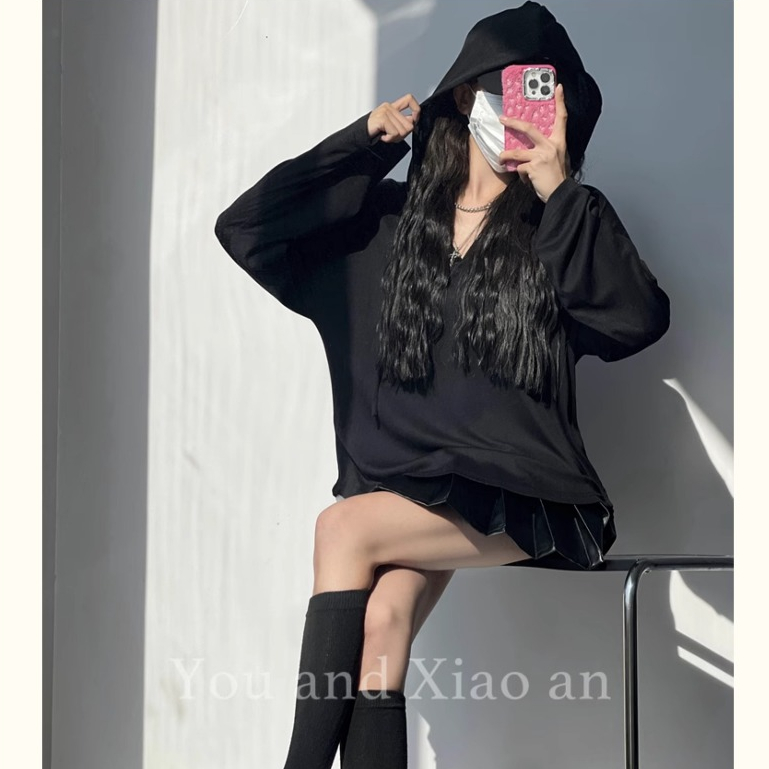 Hotgirl พร้อมส่ง เสื้อยืดแขนยาวมีฮู้ดแฟชั่นสำหรับผู้หญิง ขาวดำสไตล์เกาหลีแบบสบายๆ - รูปที่ 7