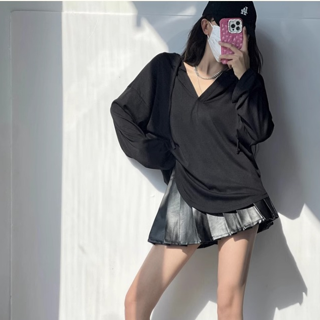 Hotgirl พร้อมส่ง เสื้อยืดแขนยาวมีฮู้ดแฟชั่นสำหรับผู้หญิง ขาวดำสไตล์เกาหลีแบบสบายๆ - รูปที่ 3