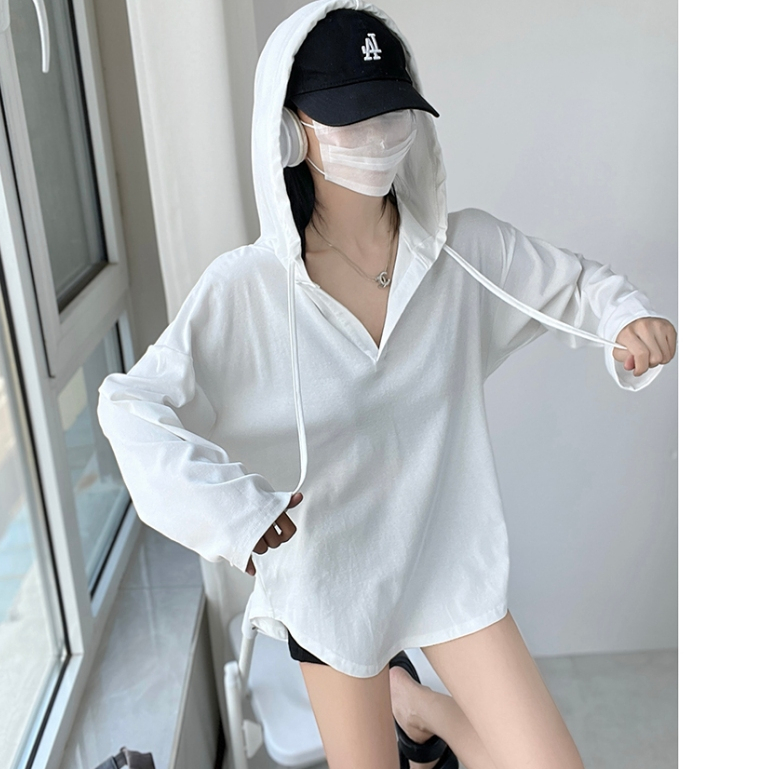 Hotgirl พร้อมส่ง เสื้อยืดแขนยาวมีฮู้ดแฟชั่นสำหรับผู้หญิง ขาวดำสไตล์เกาหลีแบบสบายๆ - รูปที่ 6