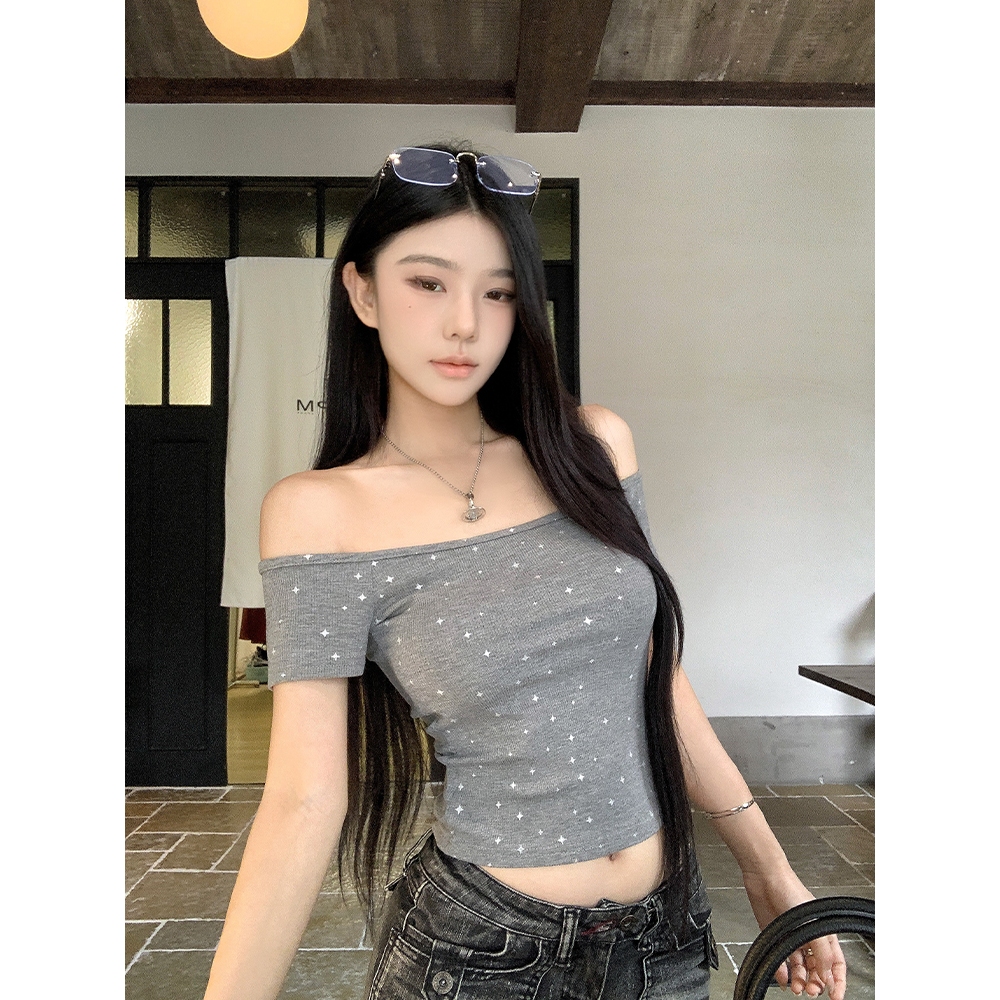 Moses Queen/Queen of Mercy เสื้อยืดแขนสั้นไหล่เดียวสไตล์อเมริกันรัดรูปพิมพ์ลายดา