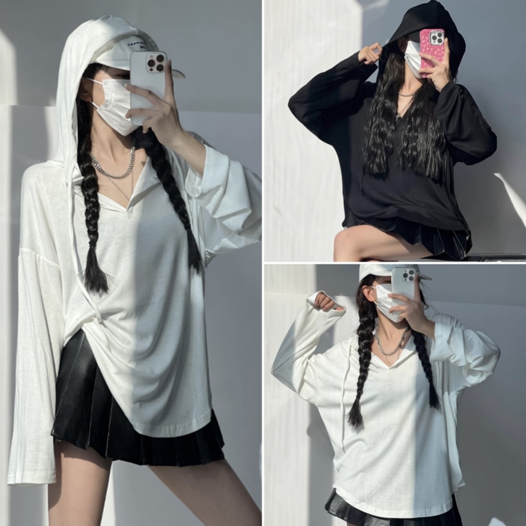 Hotgirl พร้อมส่ง เสื้อยืดแขนยาวมีฮู้ดแฟชั่นสำหรับผู้หญิง ขาวดำสไตล์เกาหลีแบบสบายๆ