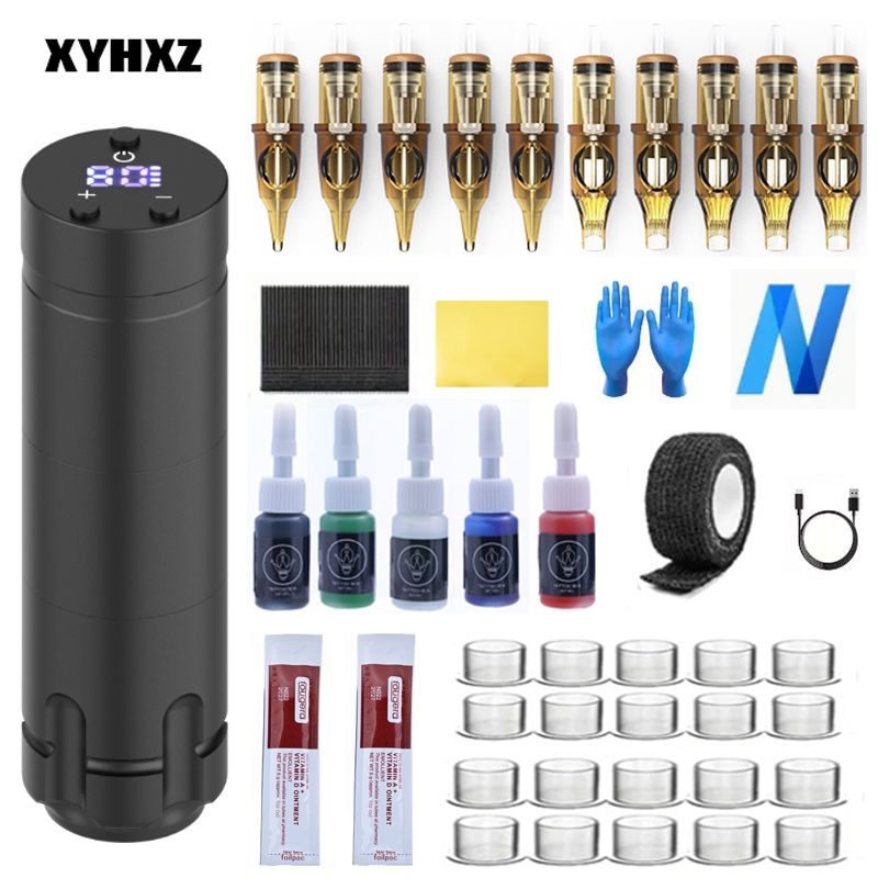 Xyhxz Complete Tattoo Kit - ปากกาไร้สายพร้อมแบตเตอรี่ 1500mAh, 10 เข็มตลับหมึก, 5V ibranต์สีหมึก, ชาร์จ USB-C และอื่นๆ - เหมาะสําหรับผู้เริ่มต้นมืออาชีพ Arti