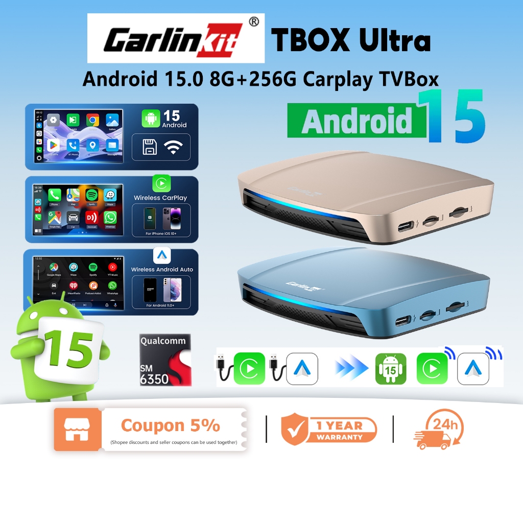 CarlinKit Tbox Ultra Android 15.0 8GB+256GB CarPlay TVBox ชิป Qualcomm SM6350
