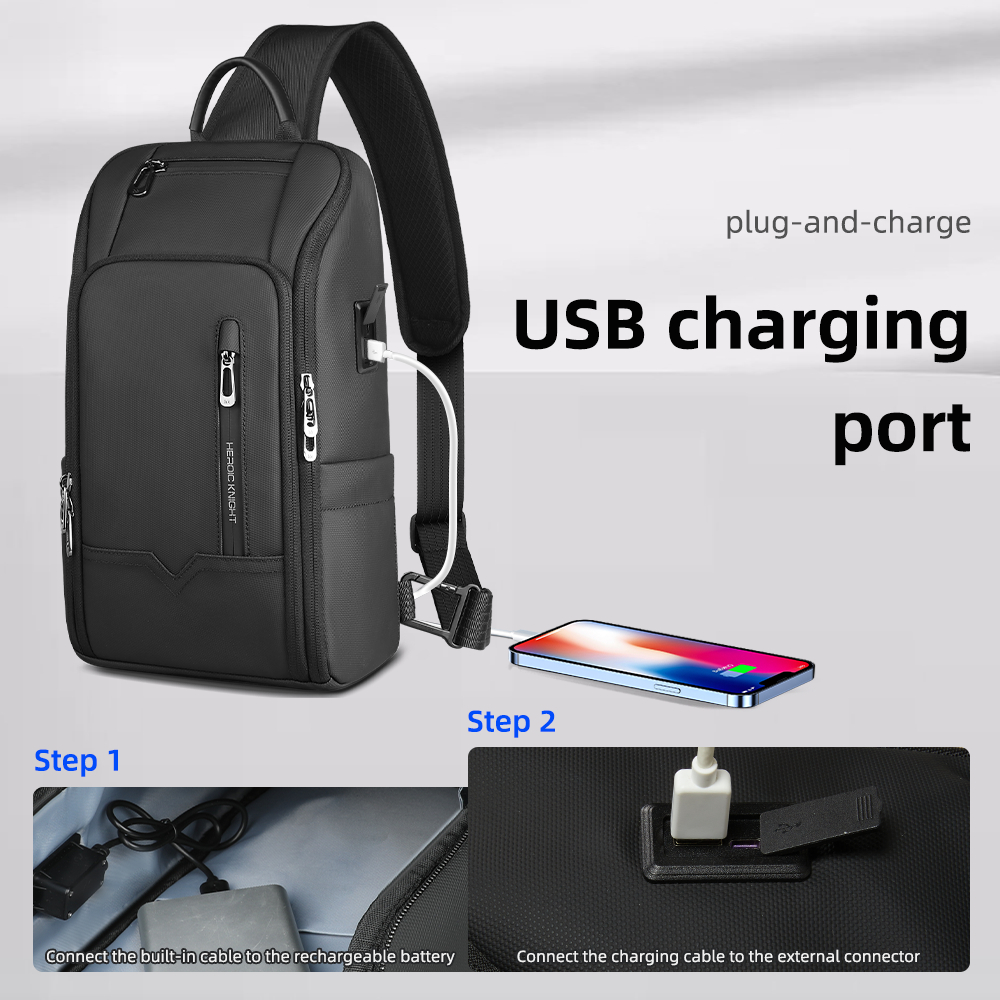 HEROIC KNIGHT حقيبة كروس رجالية بمنفذ USB مقاومة للماء — صورة 4