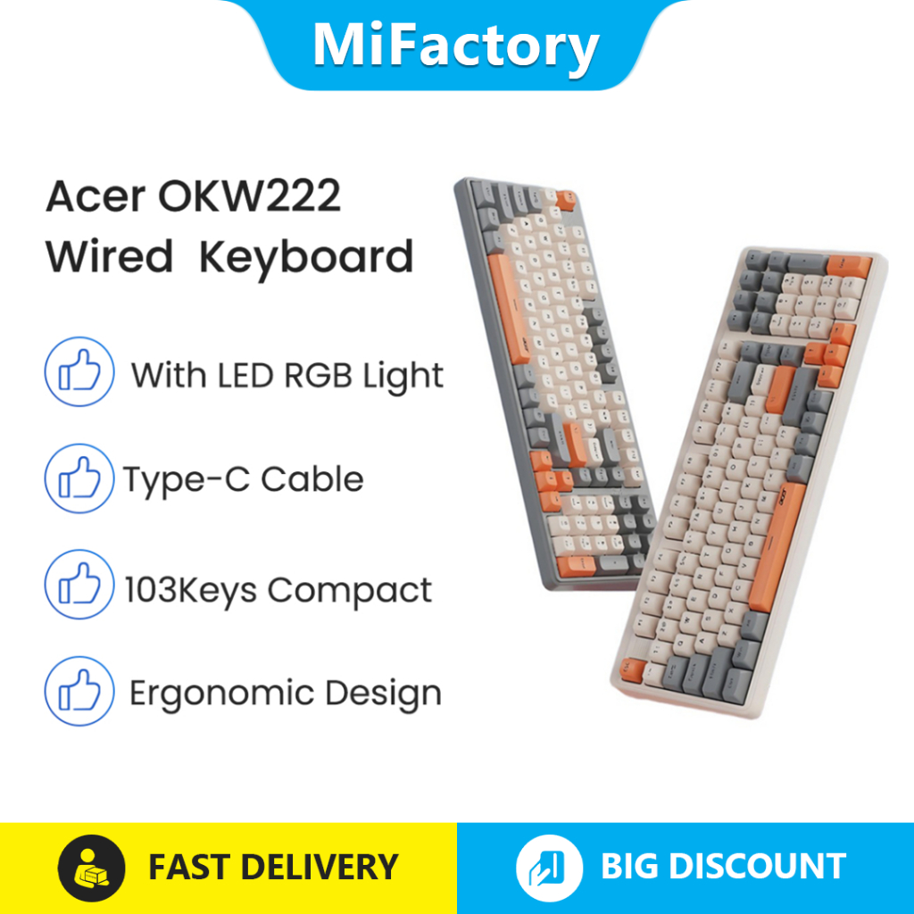 Acer OKW222 คีย์บอร์ด RGB แบบมีสาย ปุ่มกดสามสี 103KeysCompact Gaming คอมพิวเตอร์โน๊ตบุ๊ค