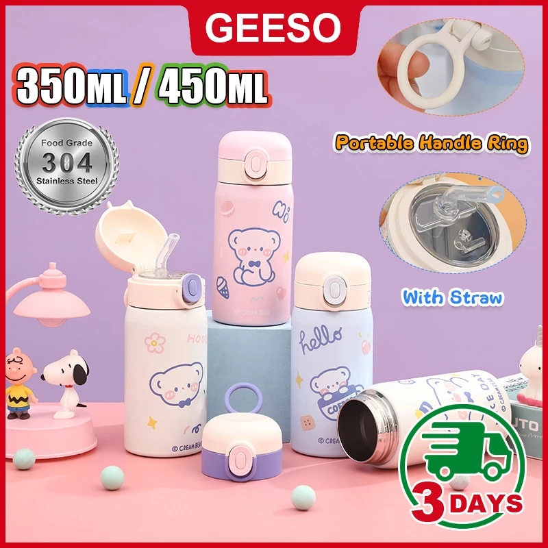 GEESO กระติกน้ำเด็ก แก้วเก็บความร้อนและเย็นพร้อมหลอด แก้วน้ำขนาด 350/450 มล. สำหรับเด็กและนักเรียน กระติกน้ำลายการ์ตูน Cute Bear Thermos Bottle Thermal Flask Vacuum Flask 小熊保温杯