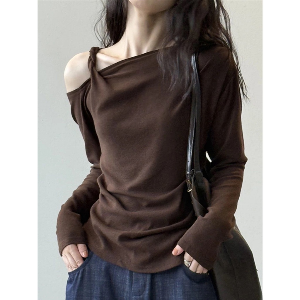 เสื้อแขนยาวปิดไหล่สำหรับผู้หญิง สีทึบ ลายถักด้านบนแบบกระชับตัว