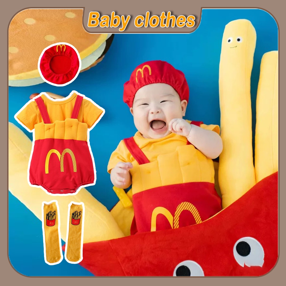เสื้อผ้าเด็กแรกเกิด MCDO French Fries คอสเพลย์เครื่องแต่งกายฮาโลวีน McDonald เสื้อผ้าคริสต์มาสชายหญิง Rompers ชุดเด็กสําหรับสาววันขอบคุณพระเจ้า 0-3 ปี 9 12 เดือน