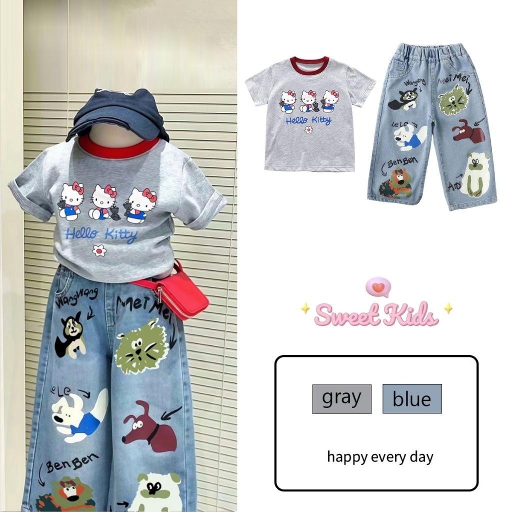 SweetKids พร้อมส่งจากกทม🌸ชุดน่ารักเด็กผู้หญิง🍓ชุดสองชิ้นแฟชั่นเด็ก เสื้อยืดคอกลม+กางเกงยีนส์ขายาว สไตล์เกาหลีสุดๆ เนื้อนุ่ม ใส่สวย