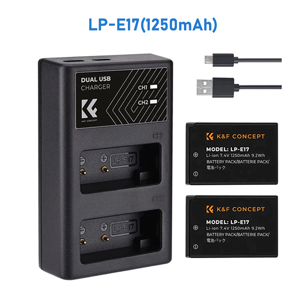 K&F Concept Dual charger + ชุดแบตเตอรี่ลิเธียมไอออน LP-E17 แบตเตอรี่ 2 ก้อน เครื่องชาร์จช่องคู่