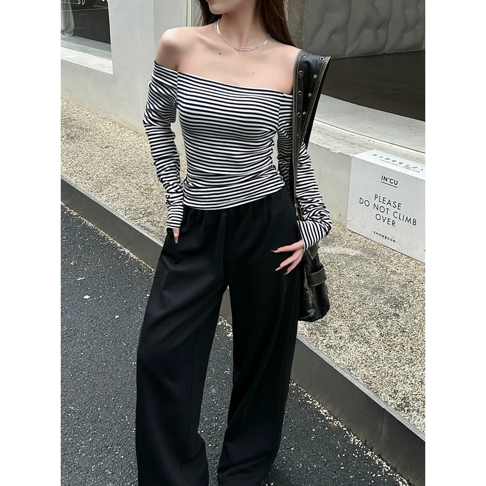 Moses Queen/Queen of Mercy เสื้อยืดแขนยาวลายทางสไตล์เกาหลี เสื้อตัวบนทรงสลิมฟิตเ