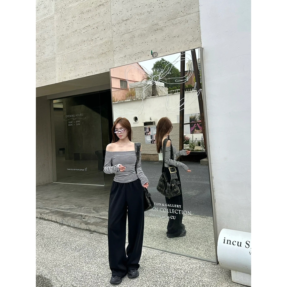 Moses Queen/Queen of Mercy เสื้อยืดแขนยาวลายทางสไตล์เกาหลี เสื้อตัวบนทรงสลิมฟิตเรียบง่าย - รูปที่ 3