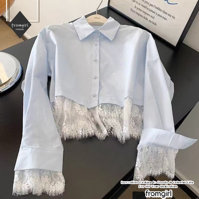 เสื้อเชิ้ตแขนยาวสั้นเย็บปะติดปะต่อกันคุณภาพสูงฤดูใบไม้ร่วง 2025 เสื้อเชิ้ตทรงสลิมเอวสูงฝรั่งเศสใหม่