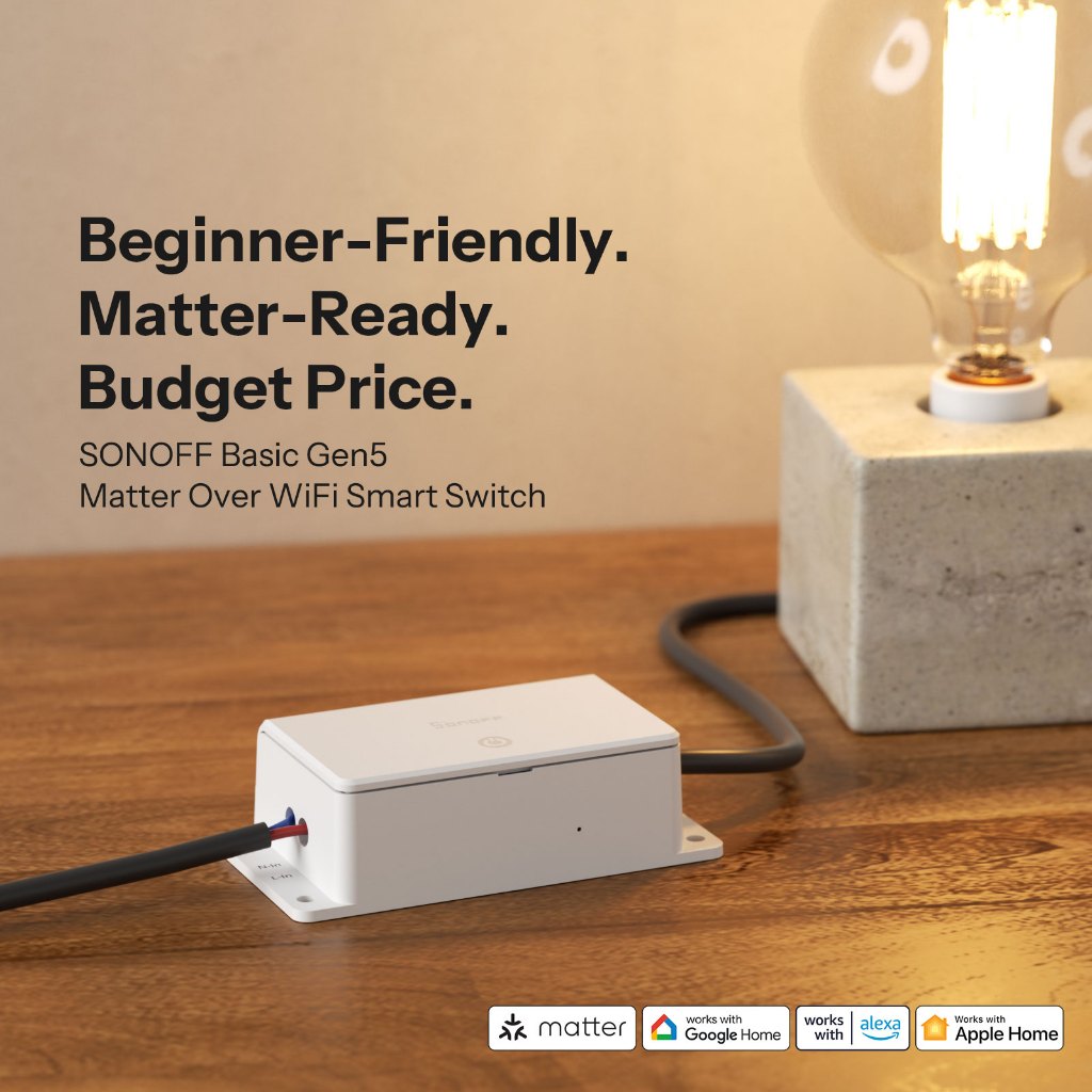 SONOFF Basic Gen5 Matter Over WiFi สมาร์ทสวิทช์ BASIC-1GS Matter Protocol พื้นผิวสัมผัสขนาดใหญ่ Magic Switch โหมดควบคุมท้องถิ่นที่เชื่อถือได้ Matter-ใช้งานร่วมกับ Apple Eco ระบบ