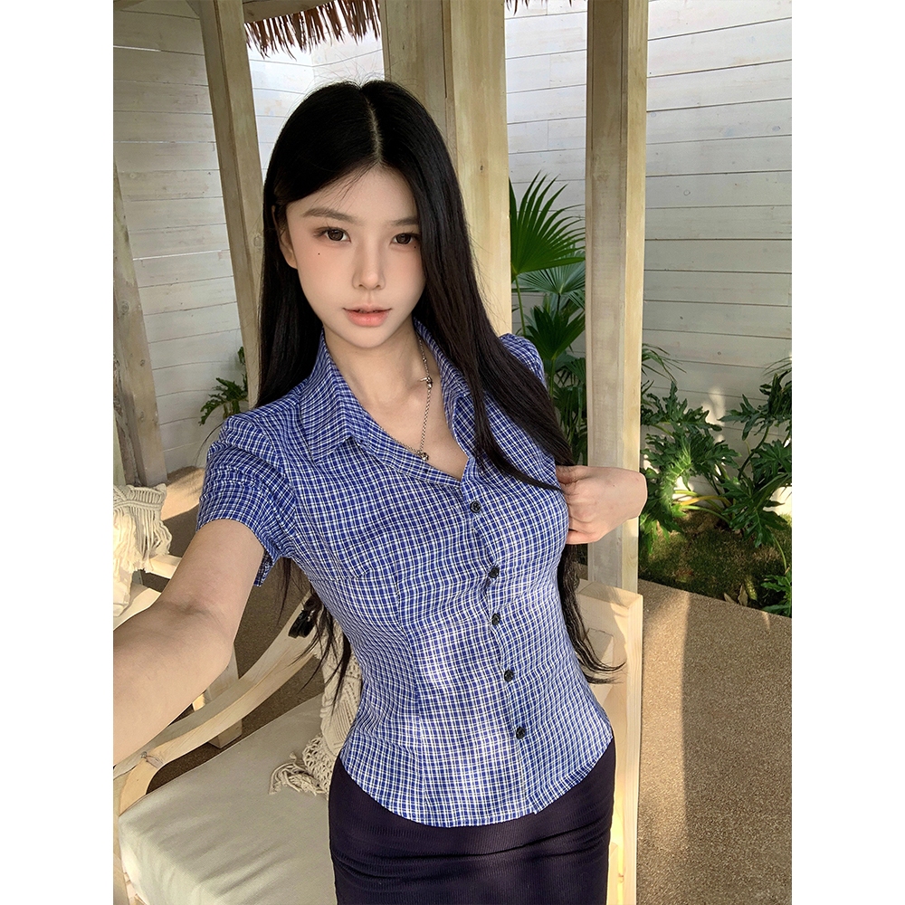 Moses Queen/Queen of Mercy สไตล์เกาหลี high-end เสื้อโปโลลายสก๊อตเสื้อผู้หญิงเสื้อสีฟ้าด้านในสวมใส่