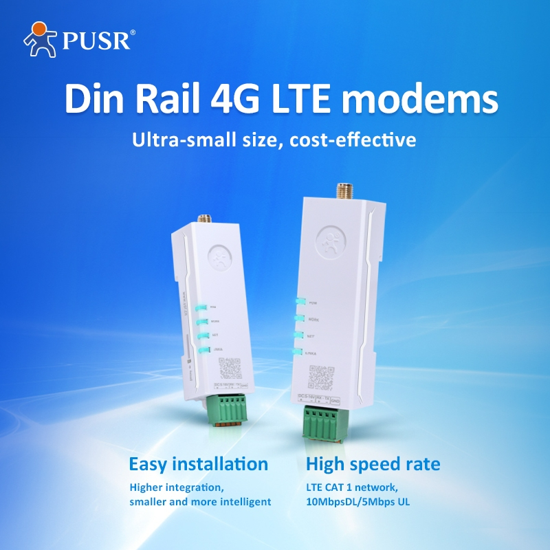 PUSR DIN Rail "ลิปสติก" ขนาด 4G โมเด็ม RS485 ถึง Cellular Modbus Gateway Cat1 1*RS485 USR-DR154-E