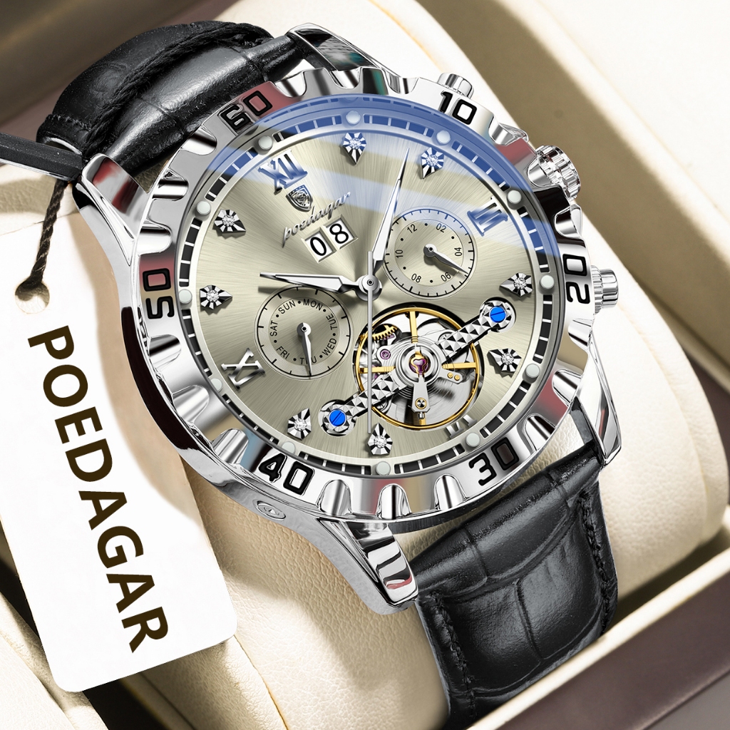 POEDAGAR Original Men นาฬิกา Hollow Tourbillon Luminous Man นาฬิกาข้อมืออัตโนมัติหนังผู้ชายนาฬิกา Reloj