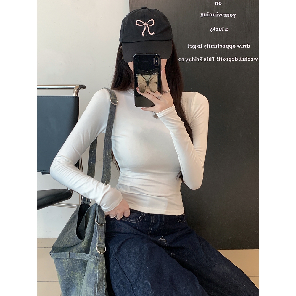 Moses Queen/Queen of Mercy เสื้อเชิ้ตบอททอมสีทึบสไตล์เกาหลีสําหรับผู้หญิงพร้อมเสื้อยืดแขนยาวทรงเข้ารูปเอว