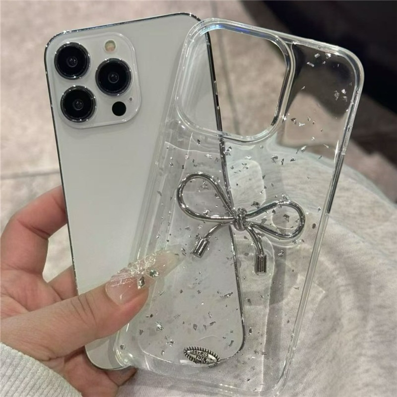 Glitter Silver ฟอยล์ 3D โลหะโบว์เคสโทรศัพท์สําหรับ iPhone 17 Pro Max 17 Air 16 15 14 13 11 Pro XS Max 12 Mini 7 8 Plus SE ญี่ปุ่นเกาหลีอีพ็อกซี่ Clear Shell
