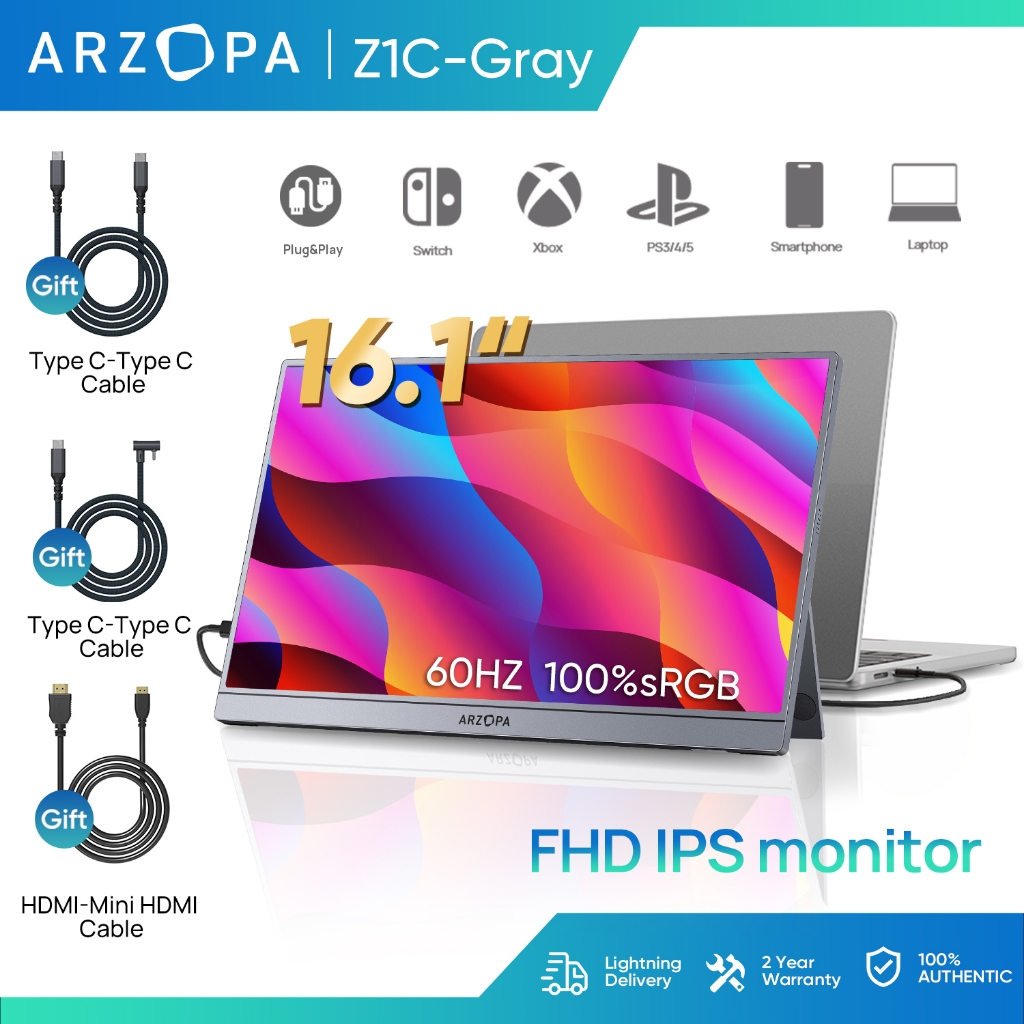 Arzopa Z1C - 16.1 "100% sRGB Kickstand Portable Monitor, 1080P FHD พร้อม USB C HDMI Monitor Extensio