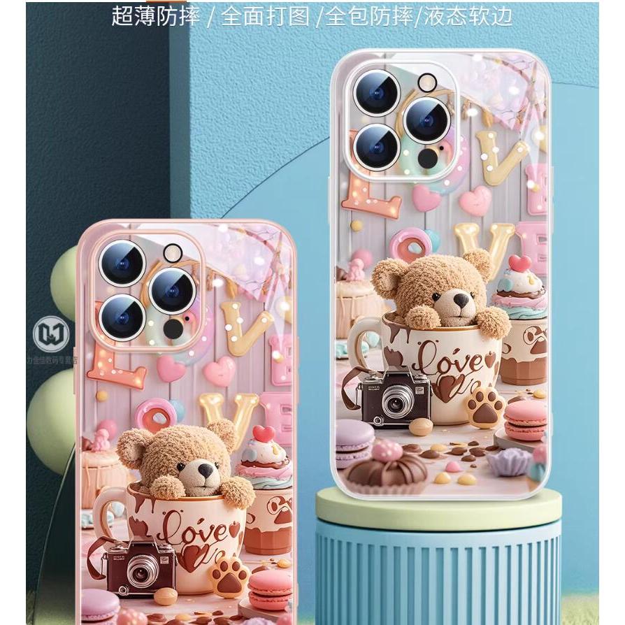 หมีขนมหวาน Apple 17promax เคสโทรศัพท์ใหม่ iPhone16 แก้วเหลว 15pro แฟชั่นหรูหราพรีเมี่ยมบวกเลนส์ทาสี 