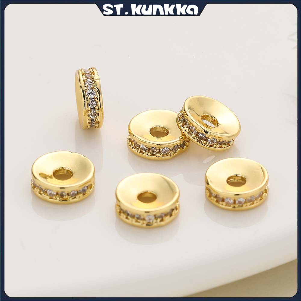 ลูกปัดสเปเซอร์ฝังเซอร์คอนชุบทอง 18K ขนาด 4-8 มม. ลูกปัดทองเหลืองพรีเมียมสำหรับทำเครื่องประดับ DIY