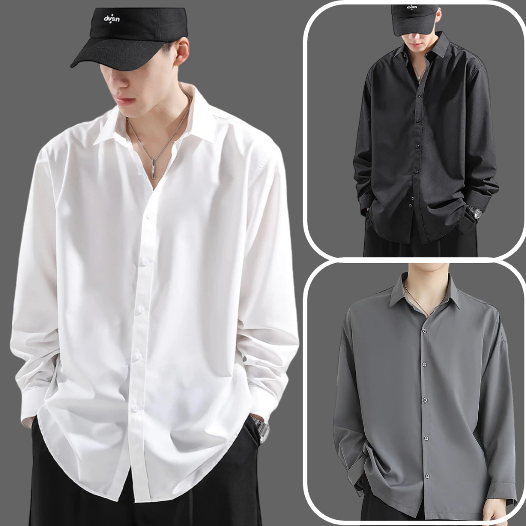 เสื้อแขนยาวชาย ผ้าไหมน้ําแข็ง เสื้อ สไตล์เกาหลี แขนยาว สีพื้น ผ้านุ่ม ใส่สบาย ไม่ต้องรีด ระบายความร้อนได้ยอดเ