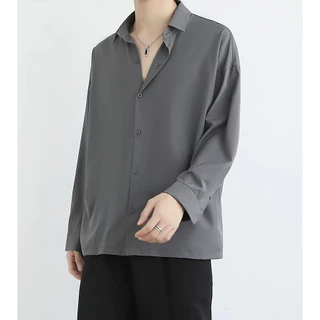เสื้อแขนยาวชาย ผ้าไหมน้ําแข็ง เสื้อ สไตล์เกาหลี แขนยาว สีพื้น ผ้านุ่ม ใส่สบาย ไม่ต้องรีด ระบายความร้อนได้ยอดเ