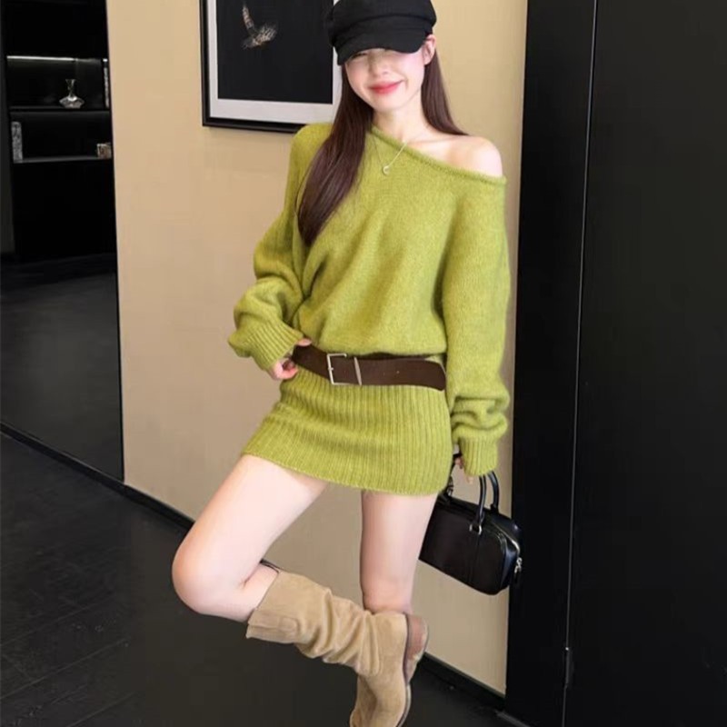ชุดเสื้อกันหนาวแขนยาว + กระโปรงสั้น ลายเส้นทแยง สไตล์เกาหลี เซ็กซี่ สำหรับฤดูหนาว