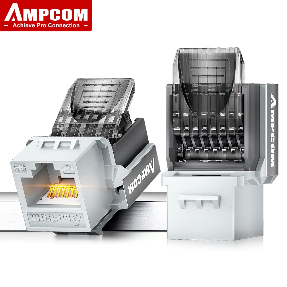AMPCOM UTP RJ45 Keystone Jack CAT6 CAT6A เครื่องมือฟรี 90 องศาไม่มี Punch Down พร้อม Flip Dust Cap ส